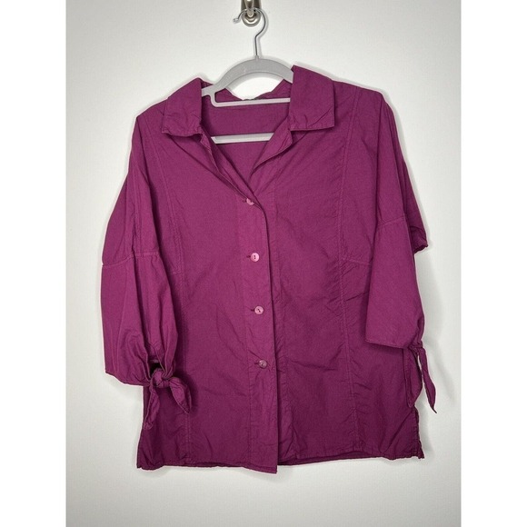OSKA Top Womens Button Down Blouse Size 1 Small Half Tie Bow Sleeves Purple - Picture 11 of 15